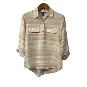 Ellen Tracy‎ Womens Coastal Linen Tunic M Button-Up Roll-Tab Sleeves Resortwear